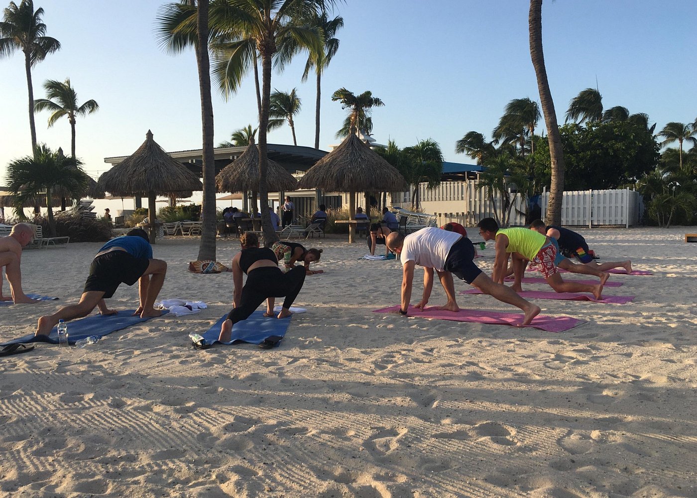 A diverse group practicing Low Lunge (Anjaneyasana) on the beach in the morning light, surrounded by palm trees and palapas, a welcoming scene for all levels welcome to Beach Yoga.