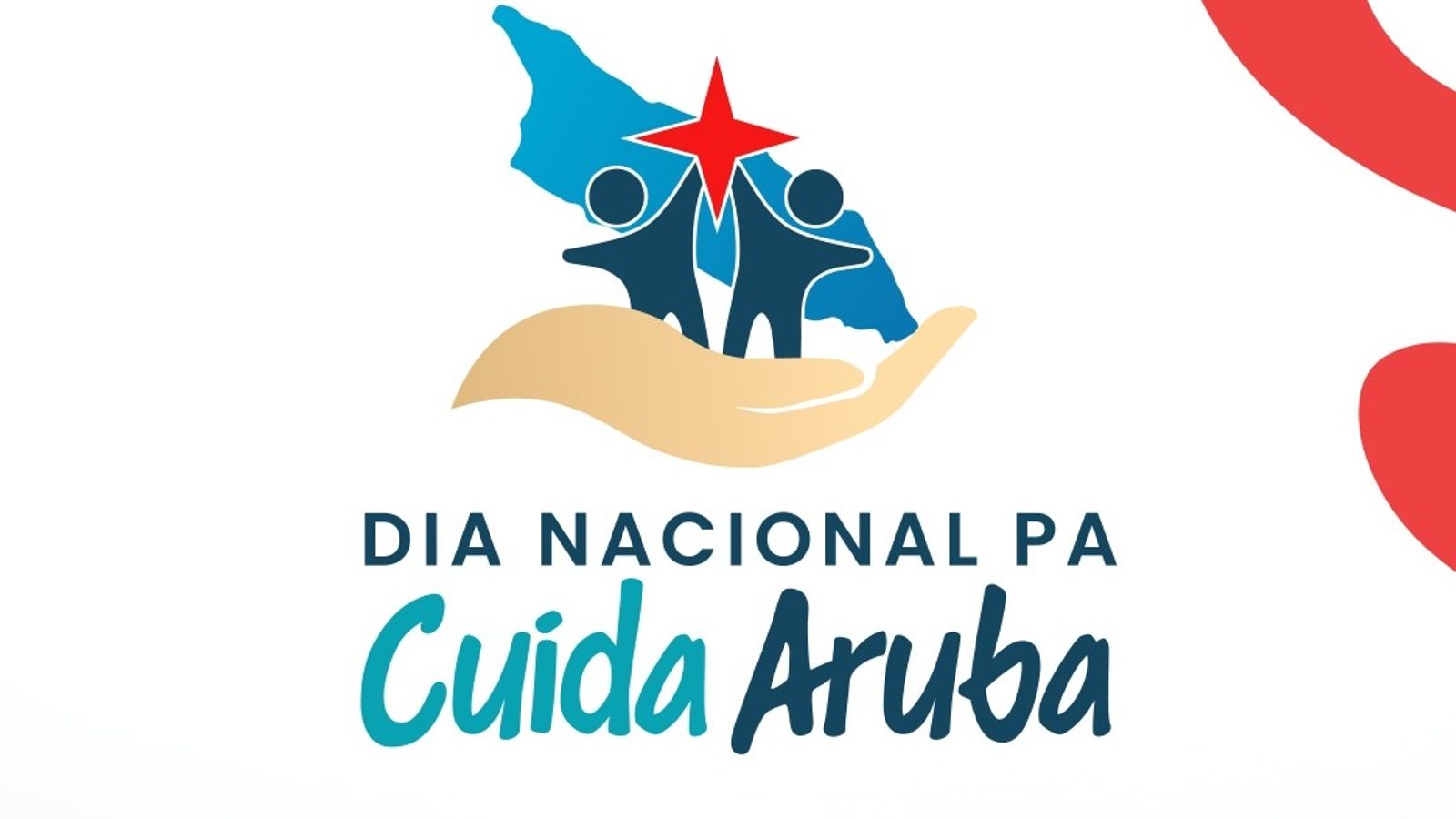 Dia Nacional Pa Cuida Aruba featuring the outline of Aruba, a helping hand, community figures, and the event title.